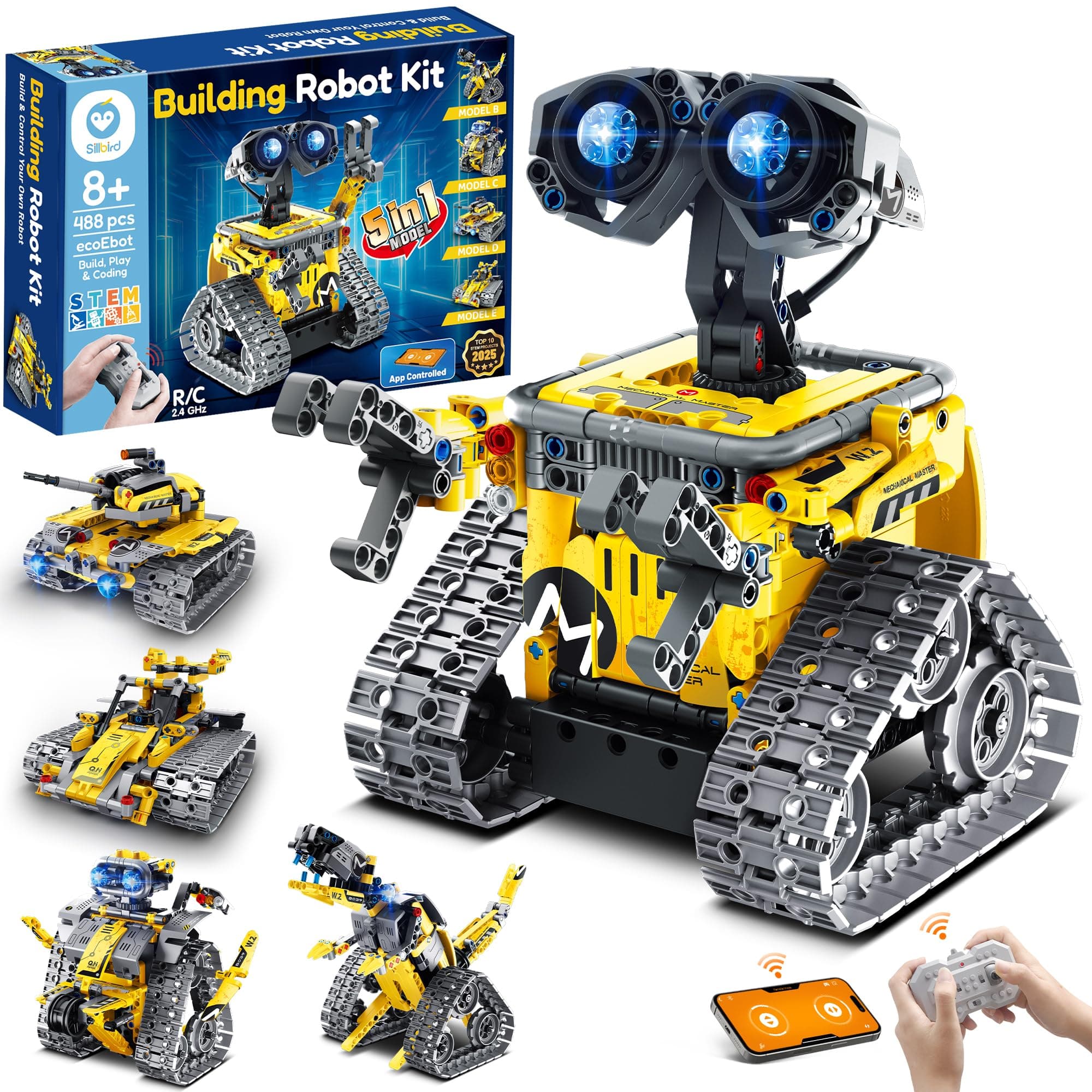 Sillbird Robot Building Kit with Remote Control STEM Gifts for Boys Age 8-13, Technic Coding Robotic Toys for Kids Birthday, Buildable 5in1 Models with 488 Pieces