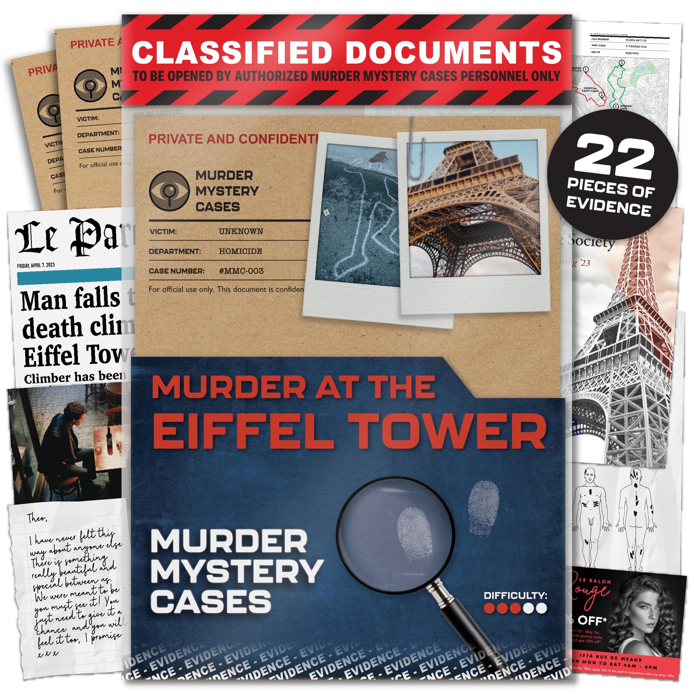 Lucky Egg MMC Death in The Eiffel Tower – Thrilling Murder Mystery Games for Adults in Paris – 22 Realistic Evidence Pieces, 150 Min Gameplay (3/5 Difficulty) – Cold Case Files Game for 1-10 Players