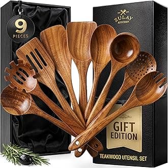 Zulay Kitchen 9-Piece Teak Wooden Utensils for Cooking - Natural Teak Utensil Set with Premium Gift Box - Non-Stick Wooden Spoons for Cooking - Kitchen Gift Set - Comfortable Grip Wooden Utensil Set