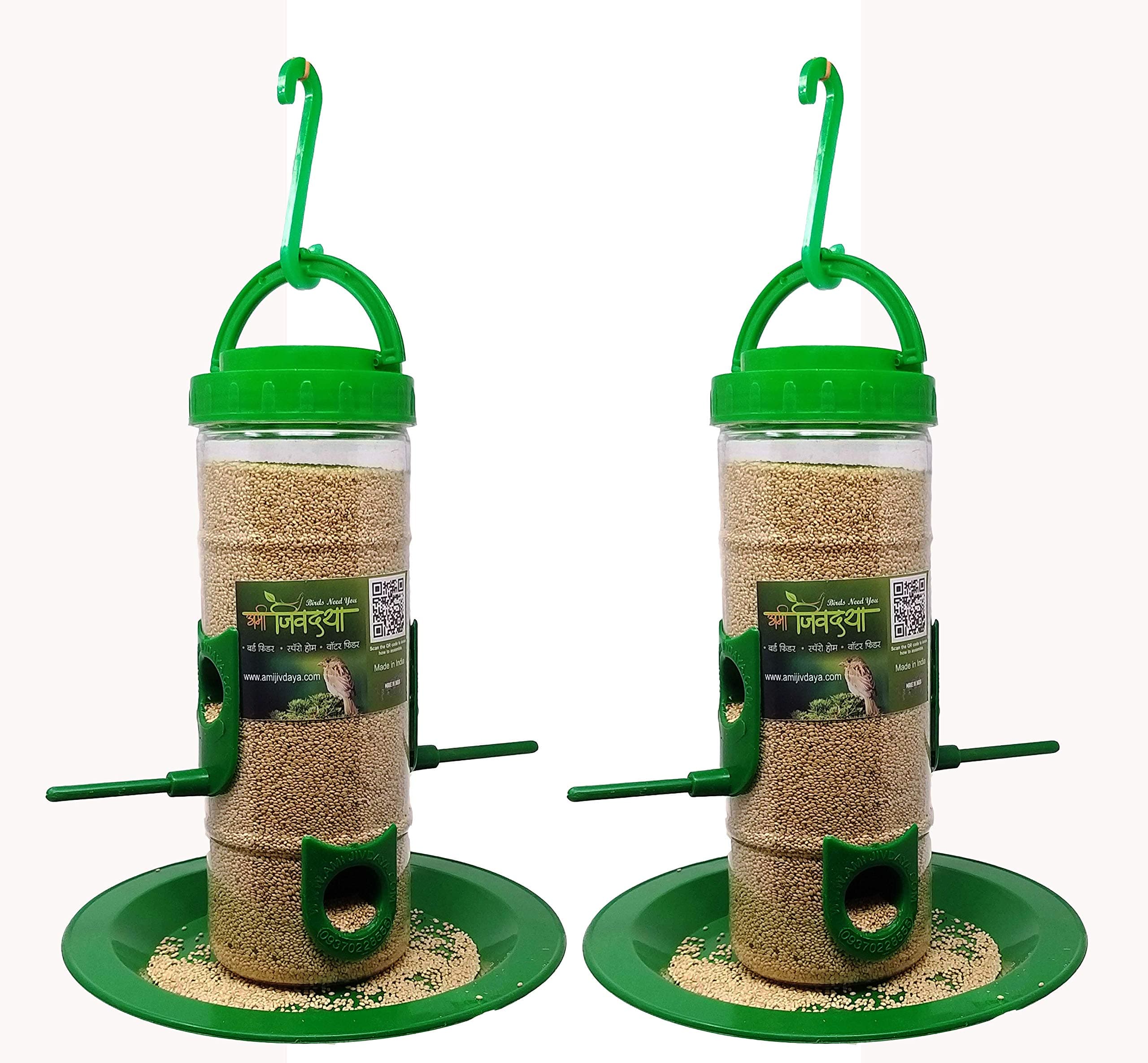 Plastic Bird Feeder with Holding Handle with 6 Feed Nozzles - Heavy Duty Hanging Bird Food Feeder for Balcony, Outdoor, Pack of 2, 1 Kg Capacity (Medium, Green)