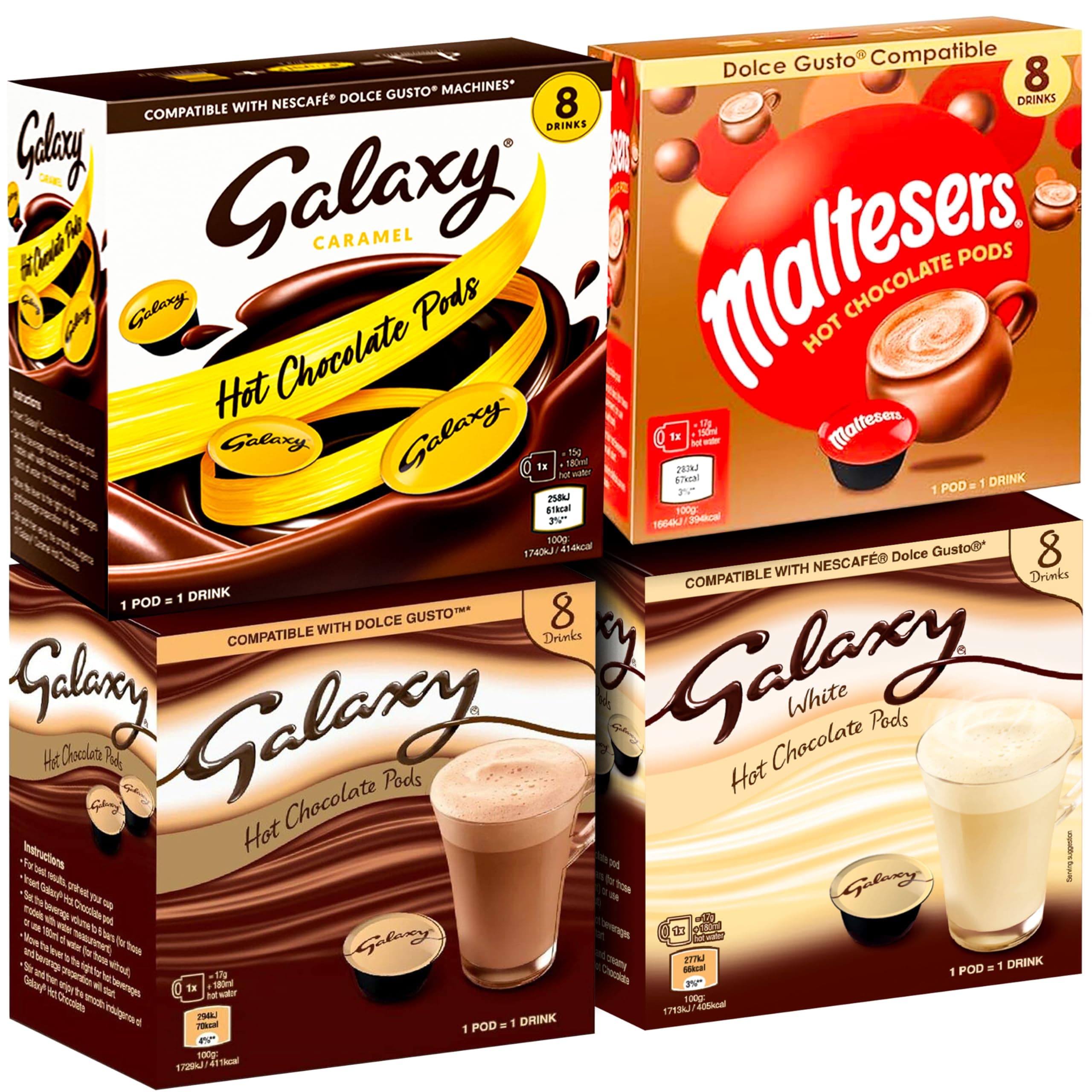 Galaxy Hot Chocolate Pods Bundle | Dolce Gusto Compatible Chocolate Capsules - 2x Galaxy Hot Chocolate 2x Galaxy Caramel 2x Galaxy Orange - 48 Pods