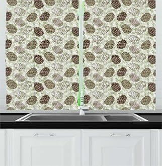Ambesonne Pine Cone Long Kitchen Curtains, Forest Conifers Greenland Foliage Spruce Tree Woodland Style Botany, Two Panels Drapes with Rod Pocket Room Decor, 55" x 45", Fern Green Brown Taupe