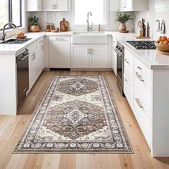 4x8 Washable Hallway Area Rug: Vintage 8ft Soft Runner Rug for Living Room Entryway Non Slip Water Resistant Wide Soft Carpet for Kitchen Bedroom Thin Floor Mat for Bathroom Dining Room(Brown,4x8)