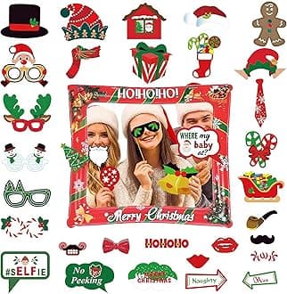 Christmas Inflatable Photo Booth with 36Pcs Photo Booth Props Selfie Picture Frame for Christmas Family Party,ChristmasParty Game Accessories Supply,Giant Props Frame Celebration Blow Up Party Prop