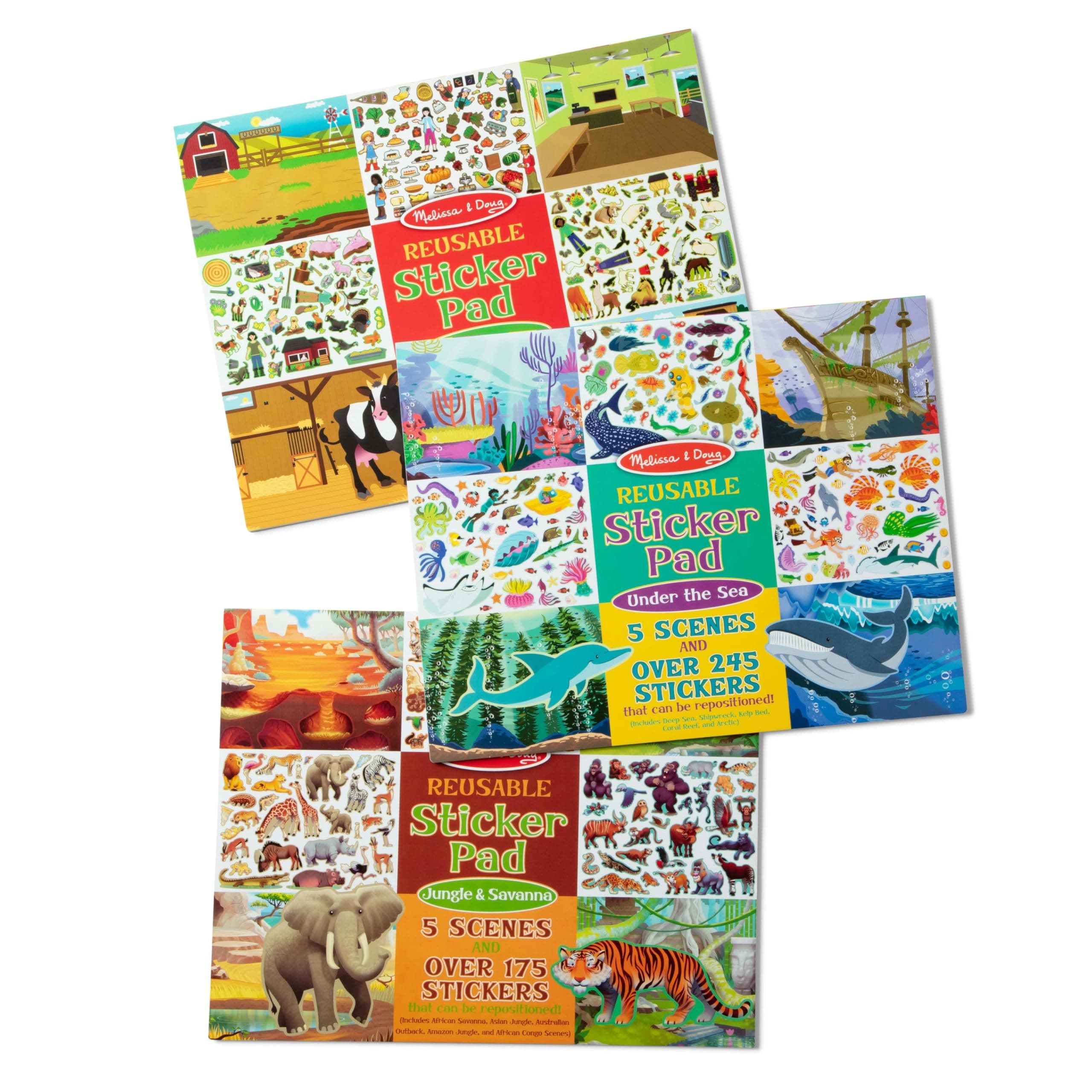 Melissa & Doug Reusable Sticker Pad Bundle - Jungle, Farm & Under The Sea