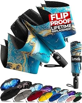 TUMELLA Flip-proof Inverted Travel Umbrella, Small Strong but Light Portable and Automatic Reverse Folding Rain Umbrella, Durable Premium Grip, Fits Car & Backpack