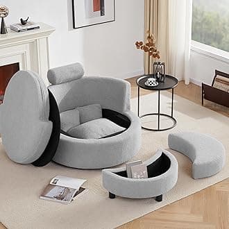 Round Swivel Chair with Half Moon Storage Ottoman, Oversized Barrel with Base Storage for Living Room, 360°Modern Swivel Accent Chair with 3 Pillows for Home, Teddy Fabric,Light Grey
