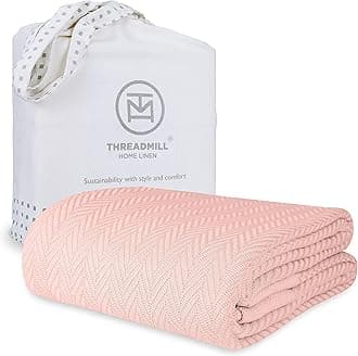 ThreadmillLuxury Cotton Blankets for Queen Size Bed | All-Season 100% Cotton Queen Size Blanket | Herringbone Cozy, Soft Breathable Fall Thermal Blanket fits Full Size Bed | English Rose