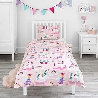 Bloomsbury Mill - Kids Single Duvet Cover Set - Childrens Single Bedding for Girls - Unicorn, Rainbow & Princess Single Bed Duvet Cover Set with Pillow Case - Pink - 135x200cm