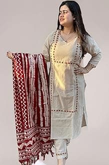 GoSriKi Women's Cotton Blend Straight Embroidered Kurta with Pant & Dupatta