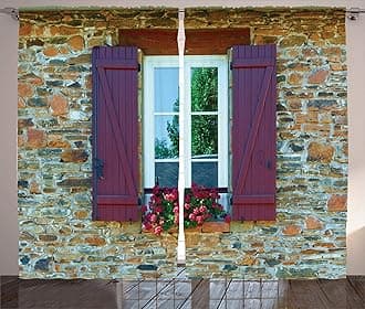 Ambesonne Country Curtains, Brick House with Window Shutters and Flowers Mediterranean Style Print, Living Room Bedroom Window Drapes 2 Panel Set, 108" X 84", Maroon Brown