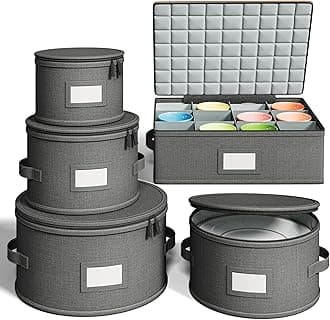 Hard Shell China Storage Containers – 5 Piece Set for Storing Dinner Plates, Salad Plates, Mugs, Quilted Dividers for Safe Moving and Seasonal Storage, Grey
