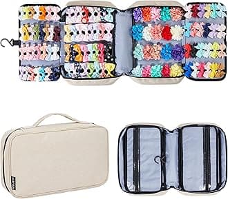 Hair Accessories Organizer for Girls, Hair Accessories Storage Bag, Hair Bow Storage Organaizer for Girls with Multi-Compartments, Baby Hair Accessories Organizer for Travel (Beige)
