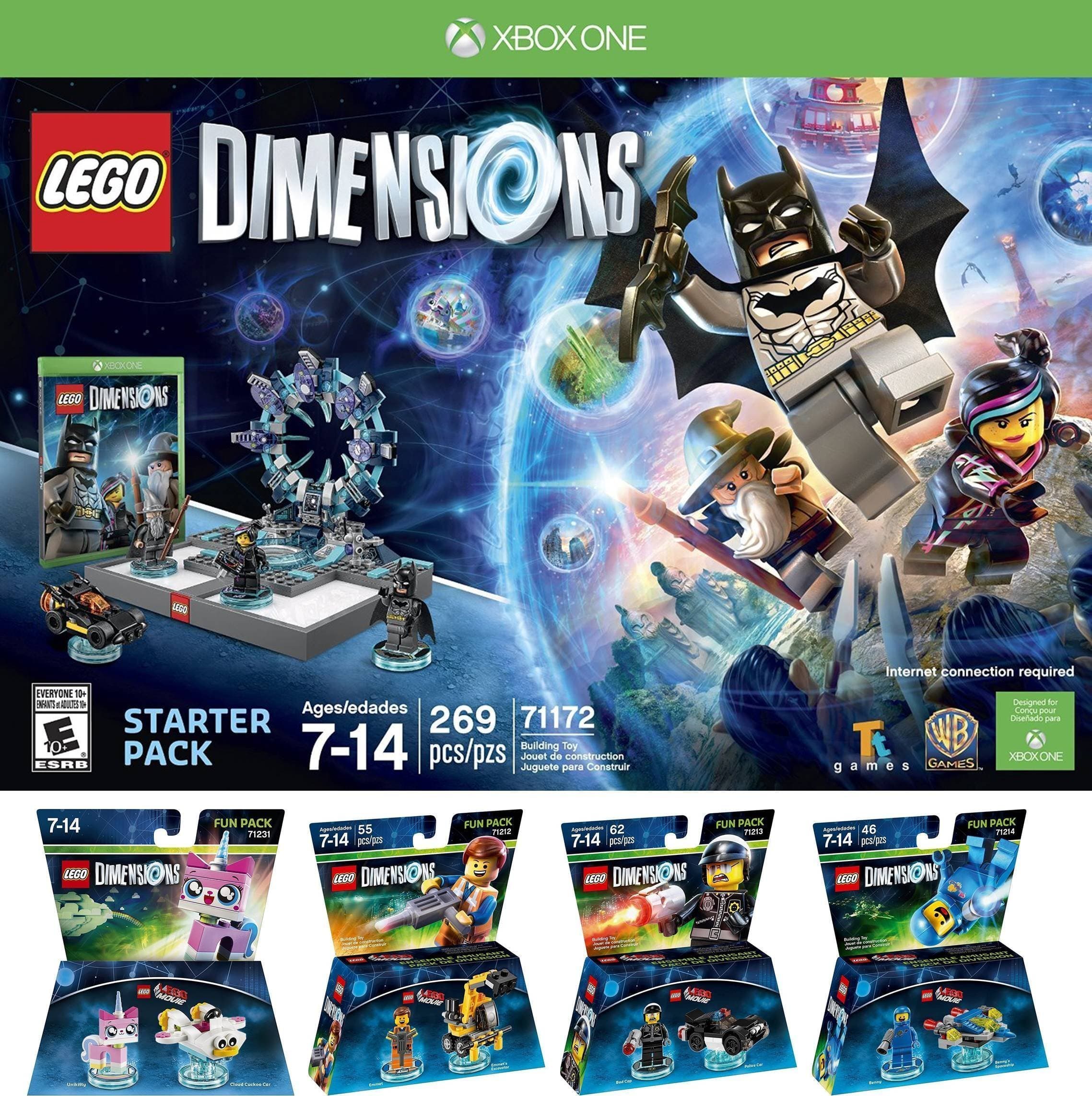 LEGO Dimensions Starter Pack for Xbox One PLUS LEGO Movie Bundle with Emmet 71212, Bad Cop 71213, Benny 71214, and UniKitty 71231