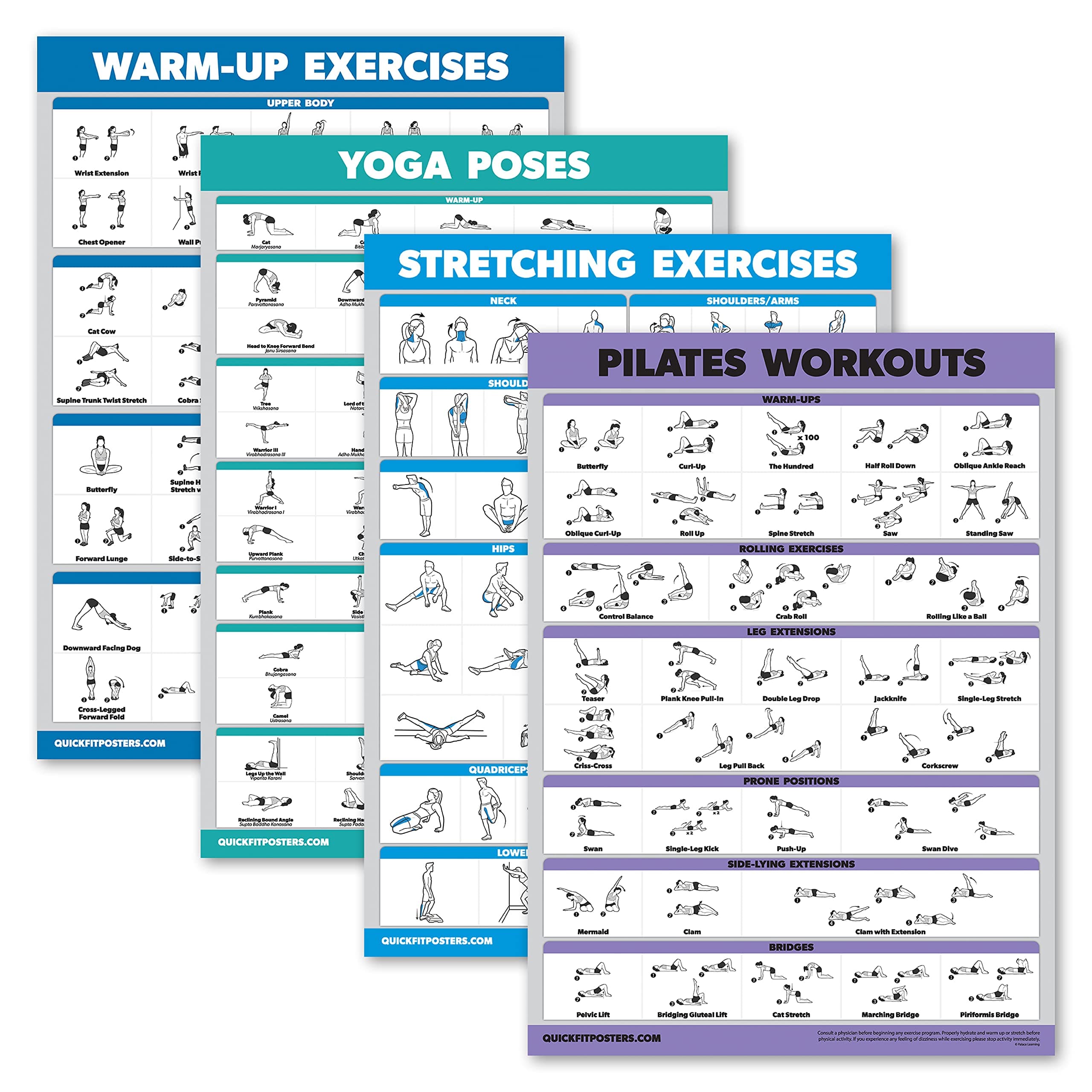 Palace Learning 4 Pack - Warm Up & Yoga Workouts + Stretching & Pilates Exercises - Set of 4 Laminated Charts (18" x 24")