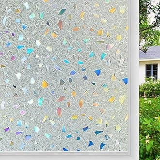 Coavas Stained Glass Window Privacy Film 3D Rainbow Decorative Heat Control UV Blocking Non-Adhesive Removable Vinyl Film Window Tint for Bathroom Door Covering, Pure, 17.5 x 78.7 inch
