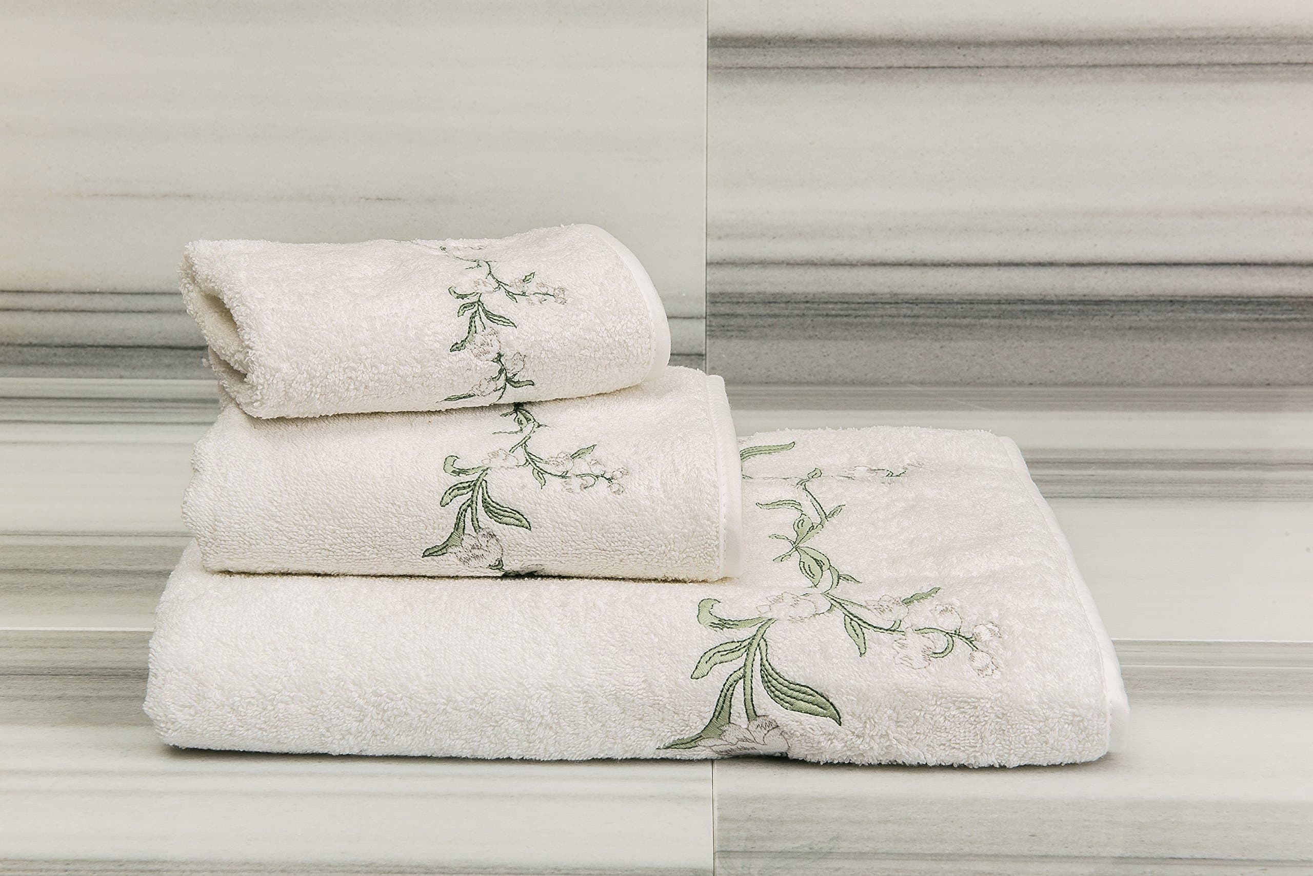 ROGT014 Lily Towels Set, Small, White/Green