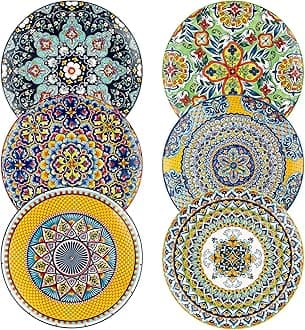 HENXFEN LEAD Dinner Plates Set of 6-10.5 Inch Large Ceramic Plates, Colorful Serving Dishes for Kitchen & Restaurant, Dishware, Microwave & Oven safe - Bohemian Style