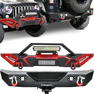 OEDRO Front and Rear Bumper Compatible for 2007–2018 Jeep Wrangler JK with 2" Hitch Receiver, D-Rings, and LED Lights, Rock Crawler Style, Textured Black Finish