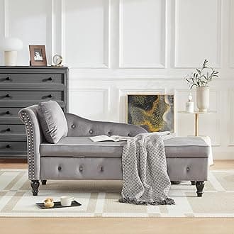Chaise Lounge Indoor with Storage, Upholstered Chaise Lounges Couch with Pillow for Living Room, Bedroom and Office, Modern Nailhead-Trimmed Tufted Lounge Chair, Dark Grey, Left Armrest