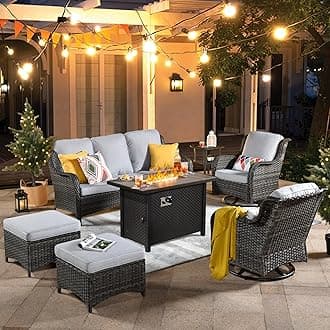 ovios 7 Pieces Patio Furniture Set with 42 inch Fire Pit Table, Outdoor Wicker Sofa Couch Swivel Rocking Glider Chairs, Modern Luxury Conversation Set, Grey Wicker, Grey