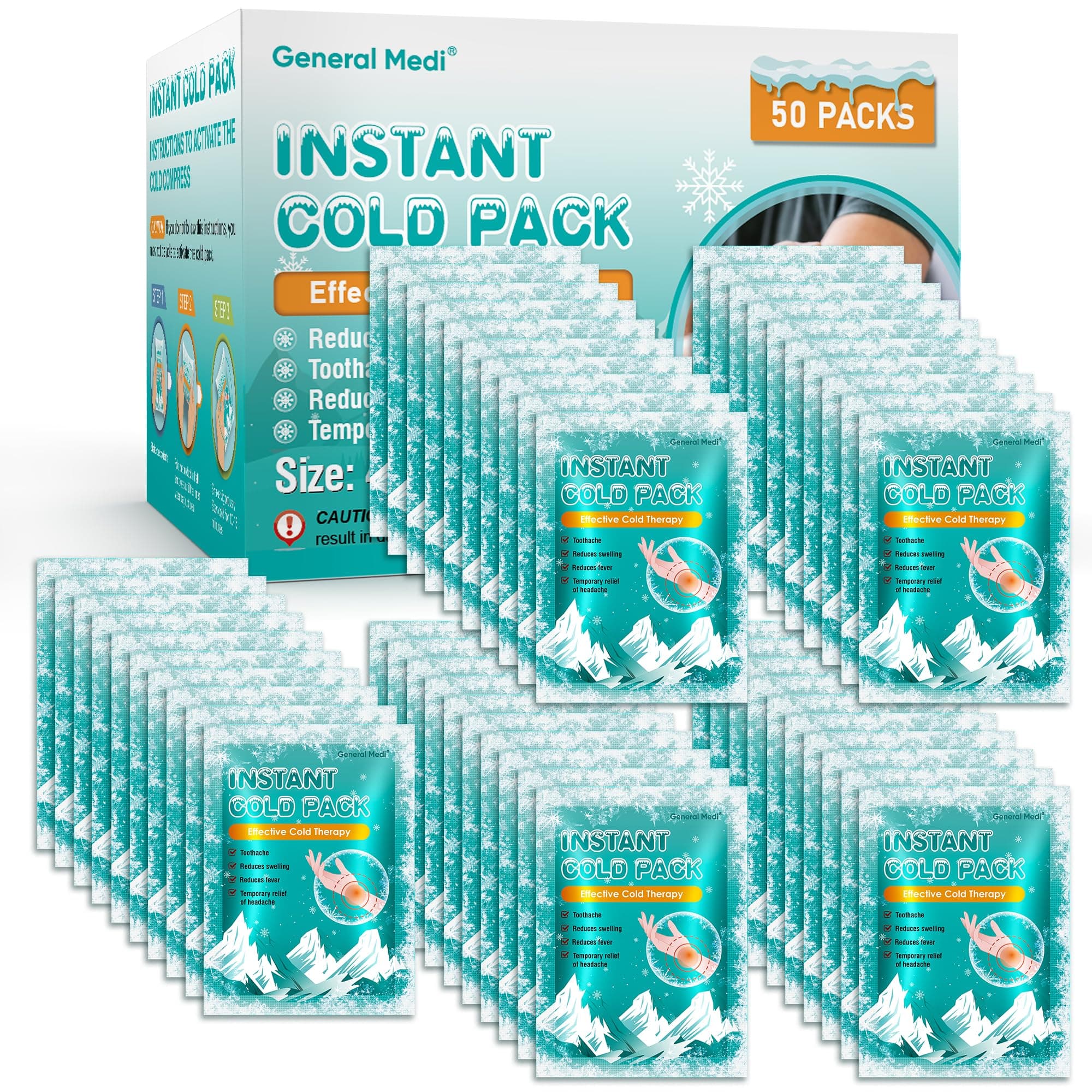 Instant Ice Cold Pack (4”x 5.5”) – 50 Packs Disposable Cold Therapy Ice Packs for Pain Relief, Swelling, Inflammation, Sprains, Toothache – for Athletes & Outdoor Activities