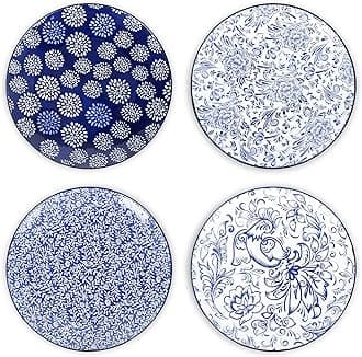 Selamica Salad Plates Set of 4, Embossed 8.5" Ceramic Dishes for Appetizer, Dessert, Pasta, Snacks - Microwave Dishwasher Safe, Blue