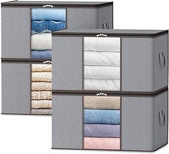 Lifewit105L Clothes Storage Bags, Large Storage Boxes with Lid Moving Boxes Wardrobe Storage Organiser with Sturdy Fabric Clear Window for Clothing Bedding Comforters, 4 Pack, Light Grey