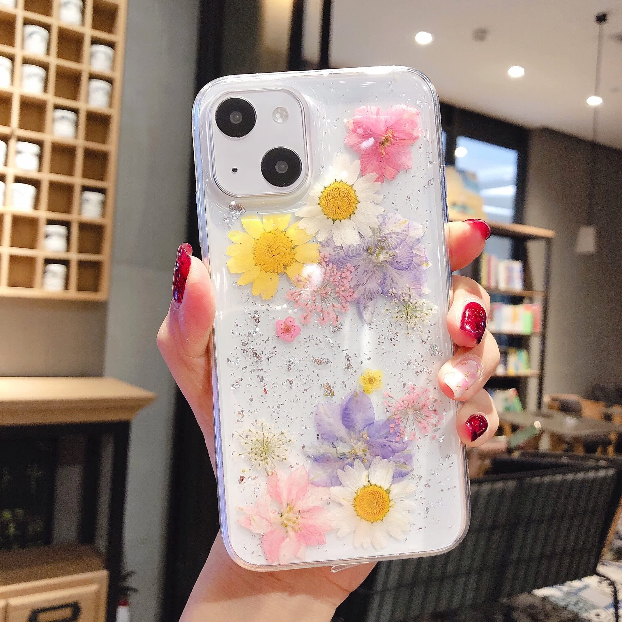 EYZUTAK Case for iPhone 15, Bling Glitter Sequin Handmade Real Dried Flowers Leaves Clear Crystal Aesthetic Case Embedded Pressed Floral Slim Soft Rubber Gel TPU Protective Bumper Cover - Blue+Pink