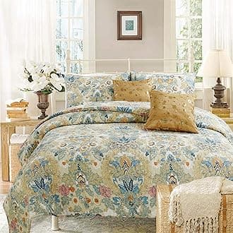 Cozy Line Home FashionsLuxury Classic Bedding Quilt Set, 100% Cotton Beige Blue Floral Pink Flower Bohemian Style Reversible Bedspread Coverlet (Art Painting, Queen - 3 Piece)