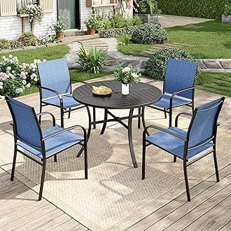 Patio Table and Chairs Set for 4, 5 Pieces Outdoor Dining Set, 4 Blue Textilene Chairs and 42" Metal Round Table with Umbrella Hole, for Deck Garden Backyard Lawn Poolside