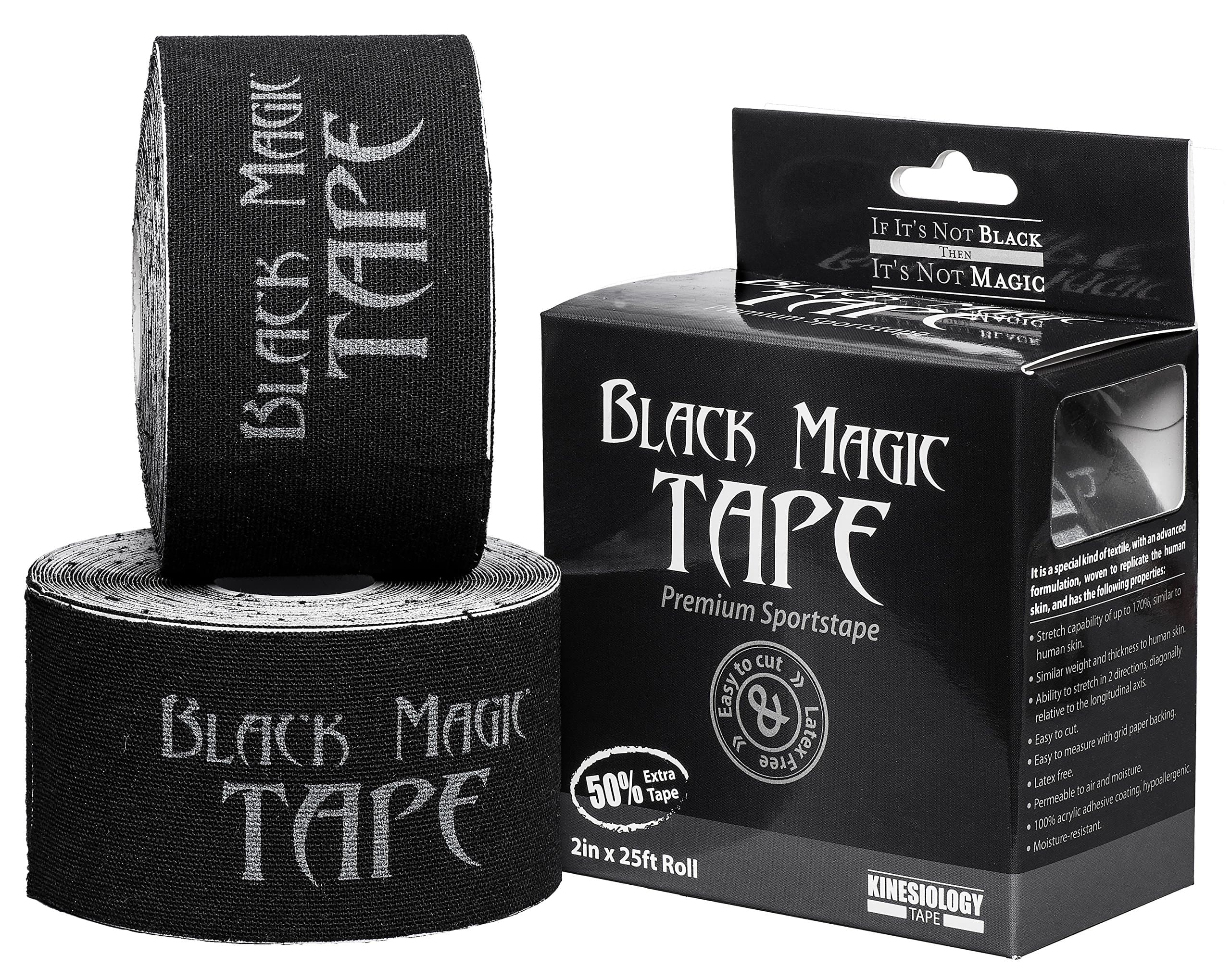 Extra Long 25 Foot Roll - Black Magic Tape - 1.5X Longer Roll - Stays Attached Up To 5 Days - Kinesiology KT Wrap - Use For Sports Injuries, MMA, Martial Arts, Weight Training, CrossFit