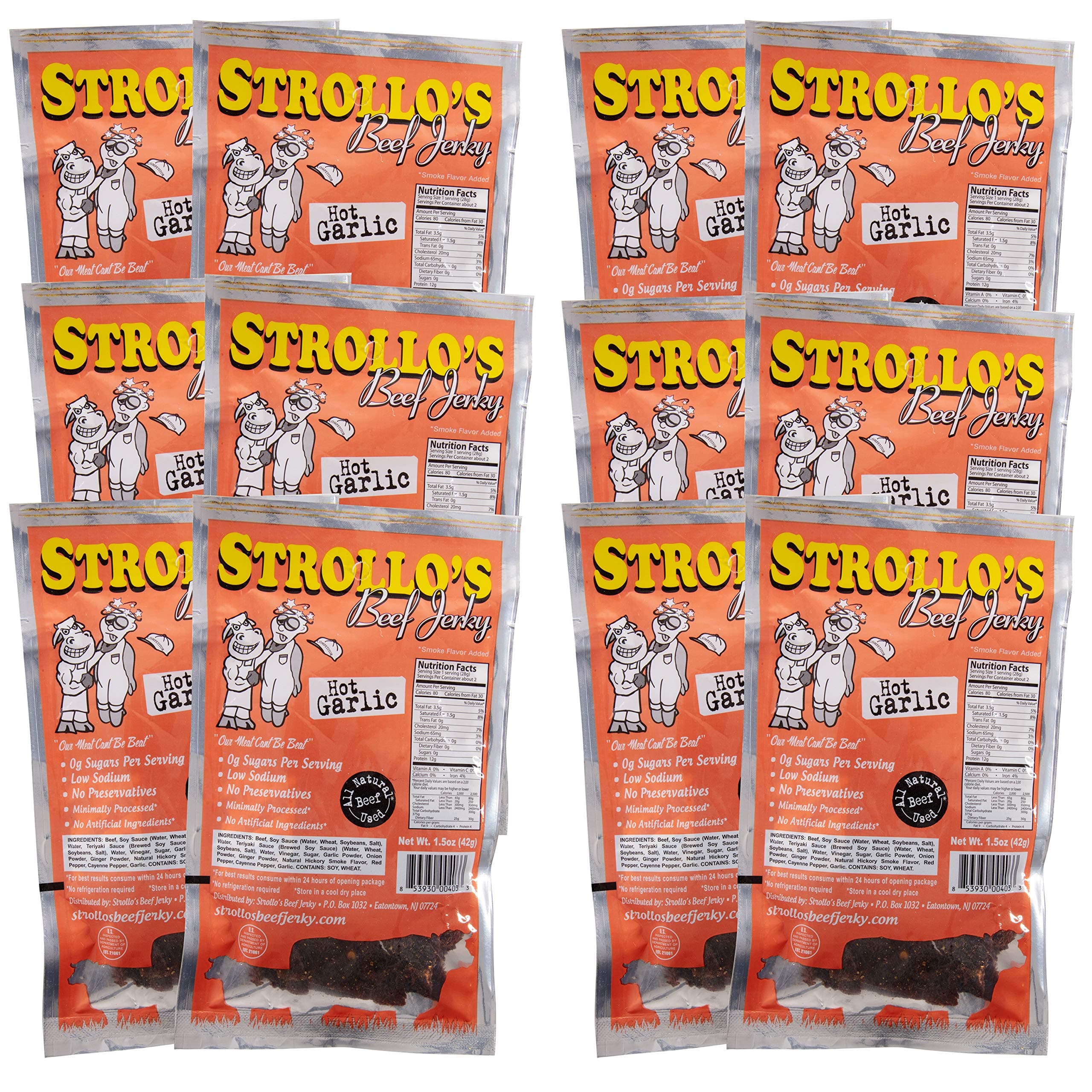 Strollo's Beef Jerky-Hot Garlic 12 Pack-1.5oz a Pack-Low Sodium, Low Sugar, Low Carb, Keto Diet Friendly-Made with All Natural USA Beef,USDA Certified