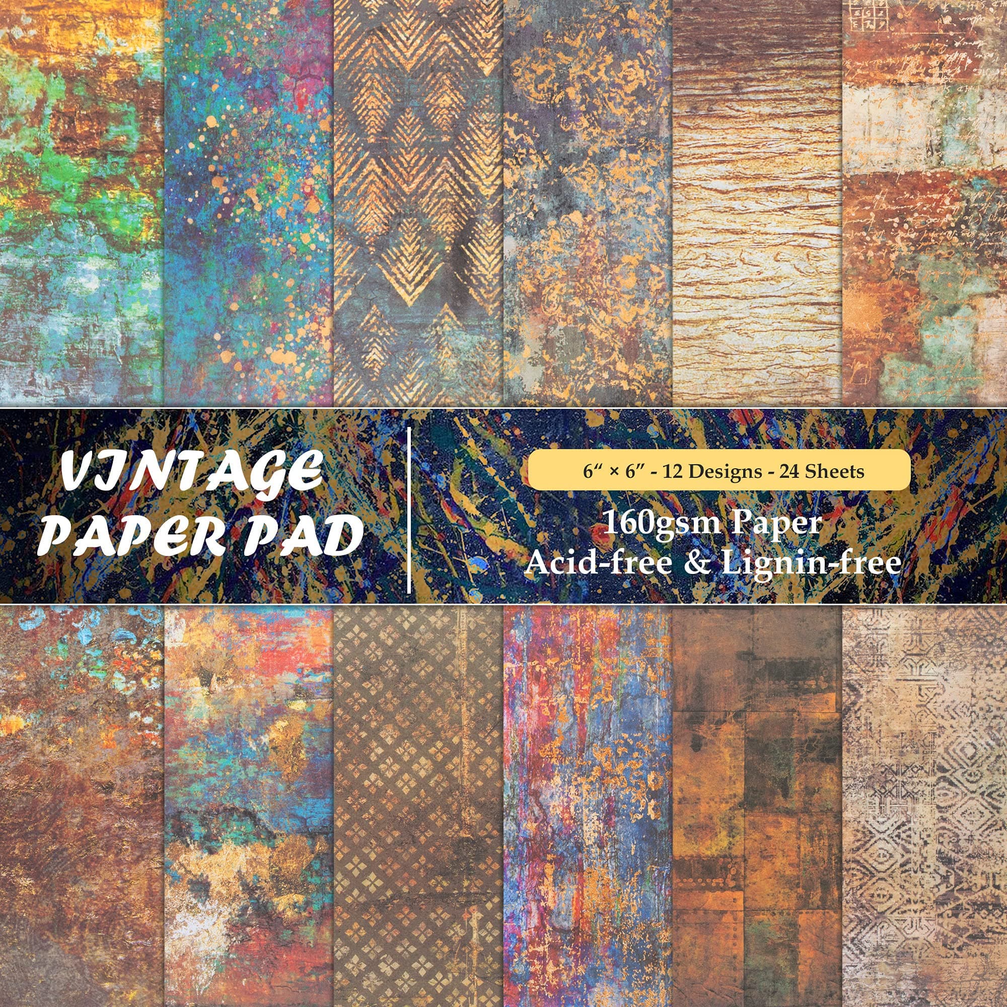 YARUMI Patterned Paper Pad for Card-Making, 6" x 6" Vintage Scrapbook Paper Pad Cardstock Paper Pad, 160 Gsm Single-Sided Designer Paper Holiday Decorative Craft Paper Die-Cut Background- 24 Sheets