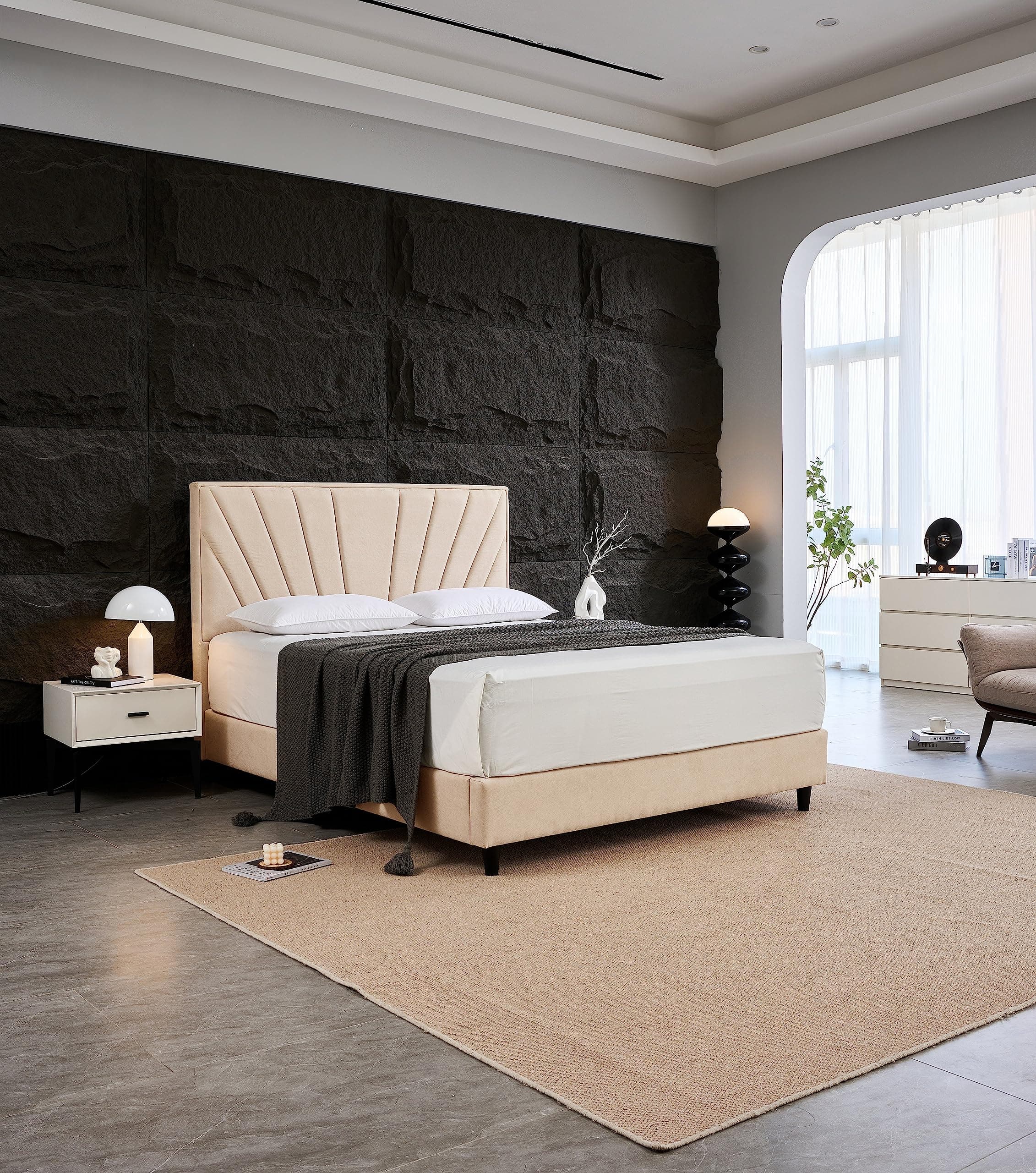 Panax Modern Upholstered Platform Bed Frame with Headboard - Strong Wooden Slats, Non-Slip & Noise-Free Design - No Box Spring Needed - Easy Assembly - Queen Size - Beige