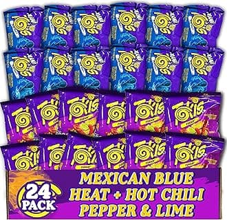 Tortilla Chips Assorted Flavors Variety Pack, 24 Count Rolled Tortilla Chips Assortment, Blue Heat and Fuego Hot Chili Pepper, Fiery, Extreme Spicy Snack Bag Bulk Mix, 1 oz Each, Original Mexican Snack Hot Chip