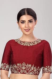 Women's Readymade Art Silk Embroidered Saree Blouse with Elbow Length Sleeves