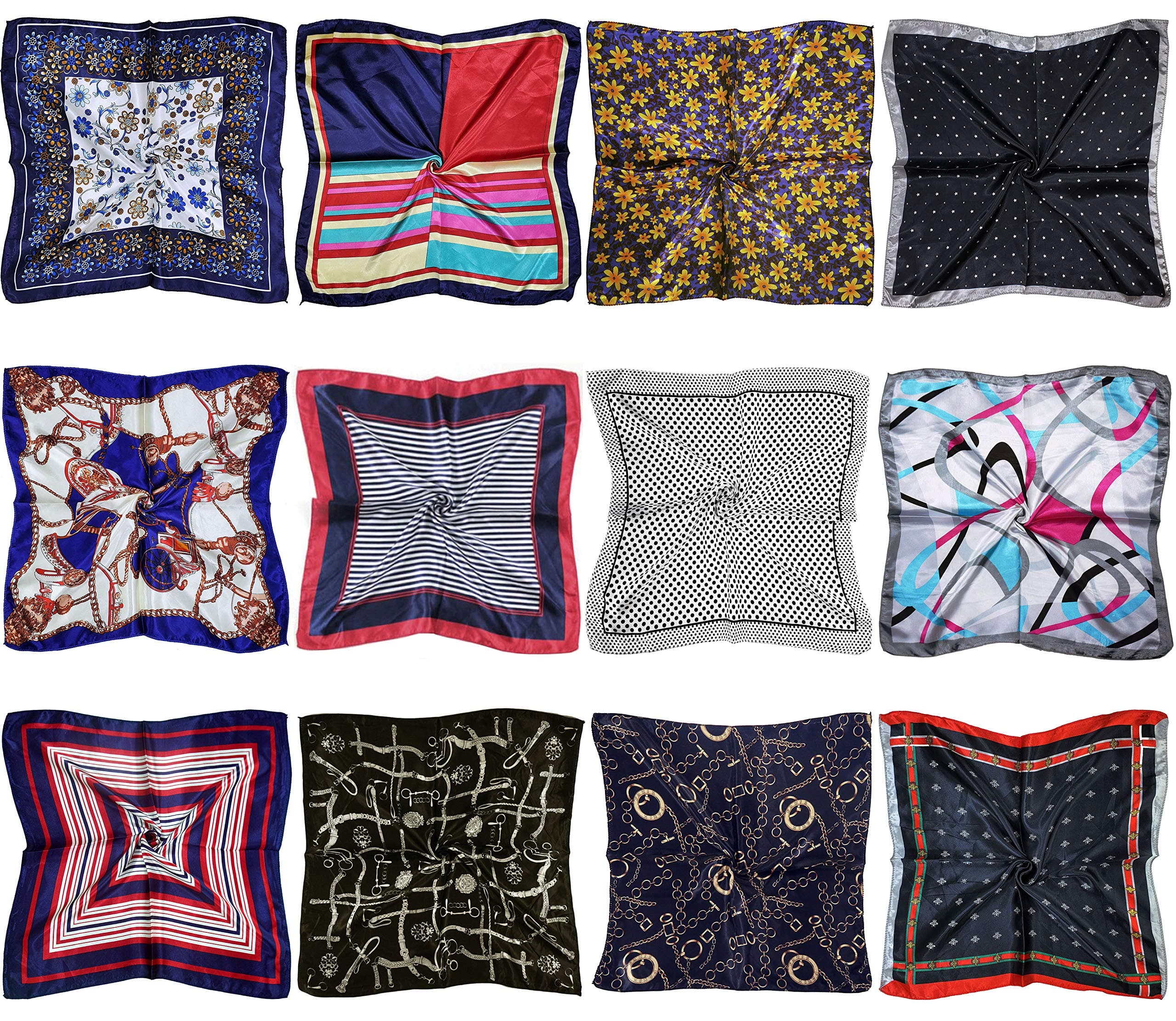 12 Set Mixed Designs Small Square Satin Womens Neck Head Scarf Scarves Bundle