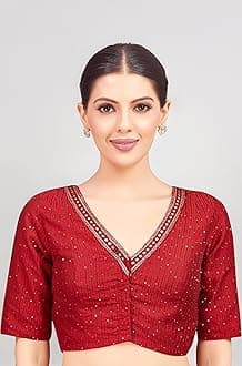 Studio Shringaar Women's Readymade Polyester Elbow Length Sleeves Saree Blouse with Mirror Work