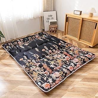 MAXYOYO Japanese Floor Futon Mattress, Thicken Tatami Mat Sleeping Pad Foldable Roll Up Mattress Dormitory Mattress Pad Floor Lounger Pillow Bed (Black Floral, Single)