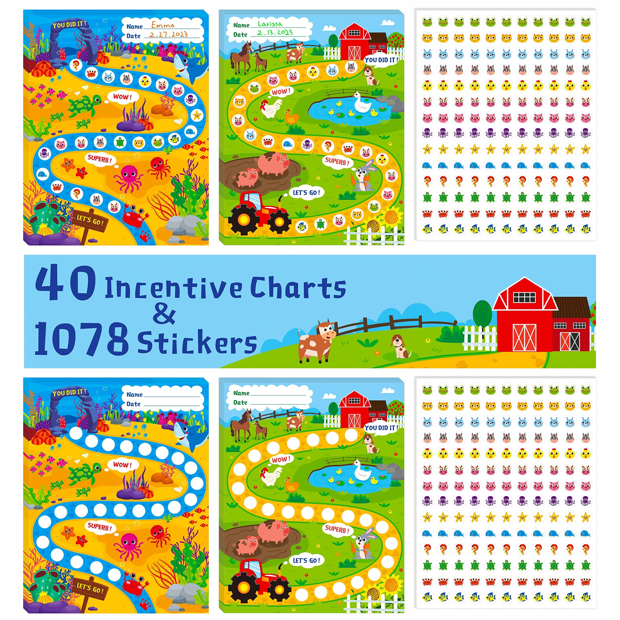 40 Pack Incentive Chart, 2 Adorable Designs with 1078 Stickers Classroom Teaching/Reward/Family Using for Kids Homework Assignments, Attendance, Positive Behavior, Chores, Potty Training Progress