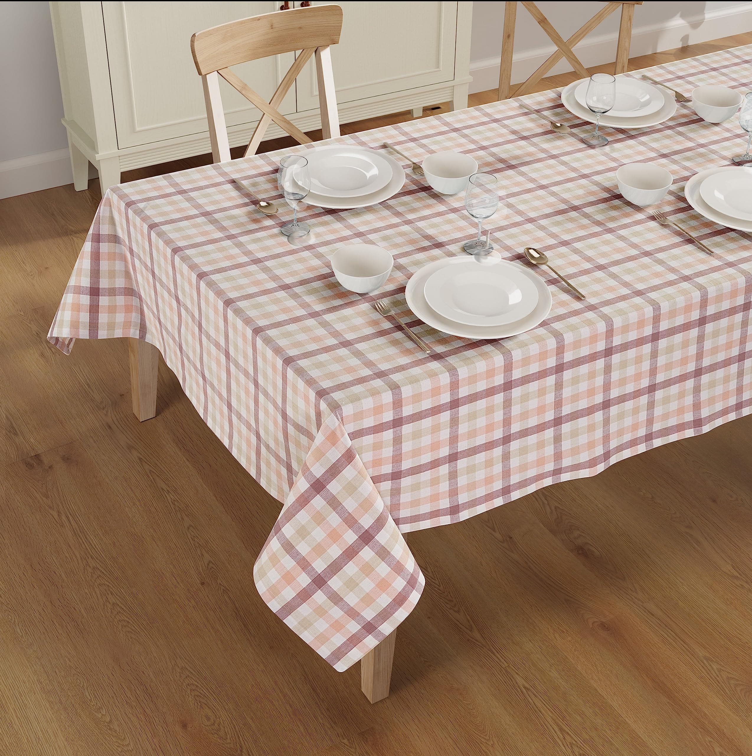 Multicolor Check Tablecloth. 100% Ring Spun Mitered Stitched Cotton Tablecloth in Size (60x84 inches). Rectangle/Oblong Color : Rose - Dark Pink