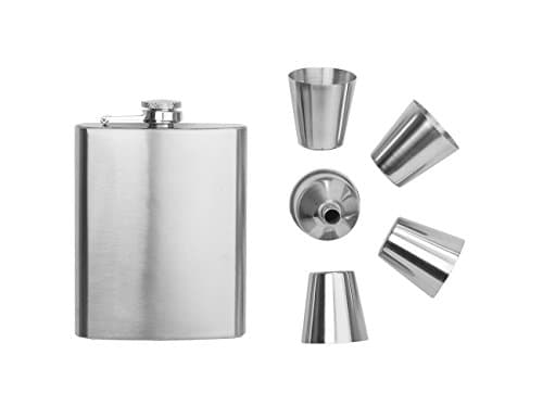 Hip Flask Set Stainless Steel in Black Gift Box Set of 6 Cromargan Fact Arti 005, consisting of Hip Flask (0.18 ltr) – 4 Mugs (0.03 litres), Funnel and Cup PVC Case with Belt Loop