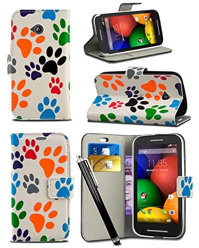 Alcatel One Touch Pixi 4 (4.0 inch) Dual SIM - Fun Colourful Printed Wallet Case Cover Creative Fresh Pattern Design with Integrated Stand & Large STYLUS Pen - Dog Cat Animal Paw Foot Print