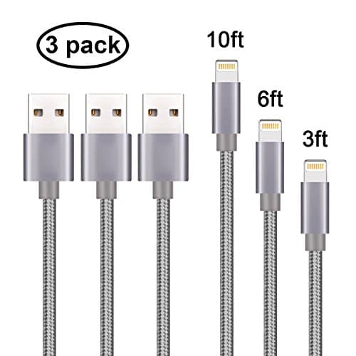 Gulf Y iPhone Cable, 3Pack(1m 2m 3m) Extra Long Nylon Braided Apple Lightning Cable USB Cord for iPhone 7/7 Plus/6S Plus/6 Plus/6/5/5S/5C/SE,iPad Pro/Air/mini,iPod (3Pack-Gray)