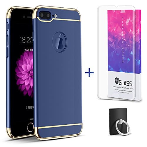 Hanglong 3 in 1 Full Protective Phone Case with Electroplate Frame For iPhone 7 Plus (with one Tempered Glass Screen Protector)-Navy Blue