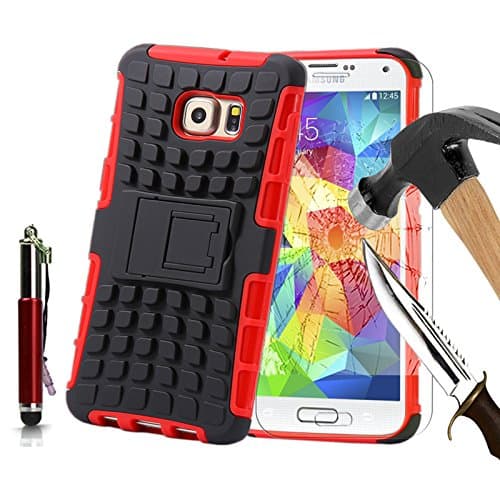 For Samsung Galaxy S5, Armor Case Tough Rugged Shock proof Armorbox Dual Layer Heavy Duty Carrying Hybrid Hard Slim Protective Case For Galaxy S5 (with Kickstand) + Ret. Touch Pen + Tempered Glass-Red