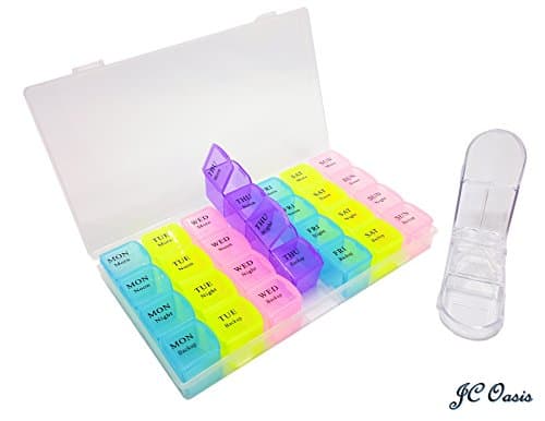 7 Day Weekly Pill Organizer Case Box Large 4 Times a Day AM PM Individual Removable Detachable Daily Container Vitamin Fish Oil Supplements Medication Portable Travel with Splitter Cutter (Value Pack)