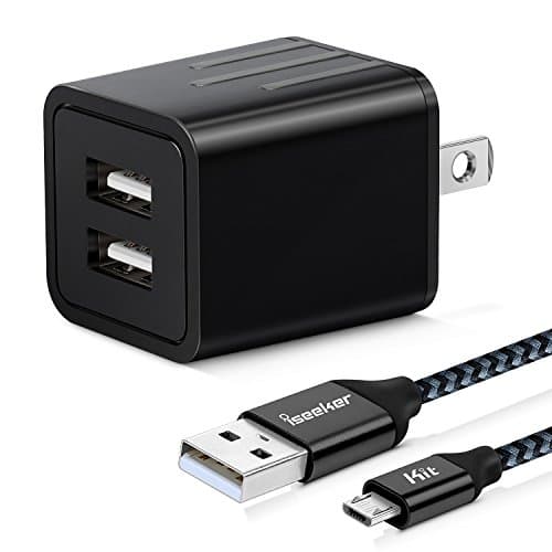 Dual USB Wall Charger Block Adapter with iSeekerKit 6Ft Micro USB Cable Charging Cord for Samsung S7 S6 Edge, Moto, Nexus, HTC, Nokia, Android Tablets