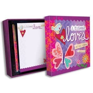 Pretty SCRIPTURE Writing Paper & Pen Gift Set - A Friend LOVES at all Times - Proverbs 17:17 - Beautifully Boxed